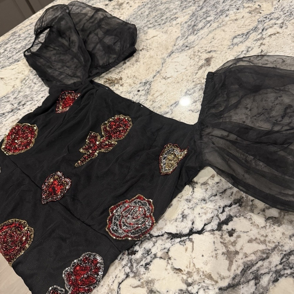 ASOS Black Rose Appliqué Puff Sleeve Bodycon Mini Dress NWT size 12 Fits Like S - Picture 2 of 16